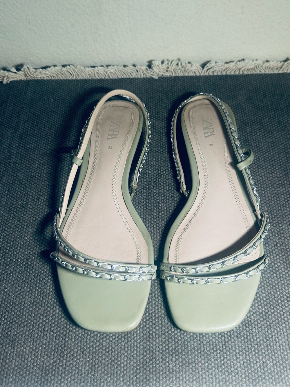 ZARA Pale Green Chain-Trim Slingback Sandals